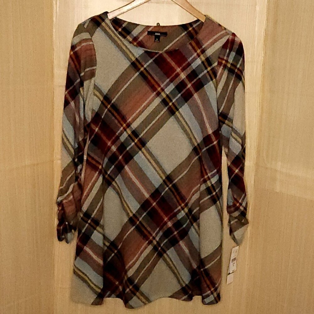 R&K Womens New Petite Red Tan Plaid Ruched Sleeve Soft Stretchy Dress LP